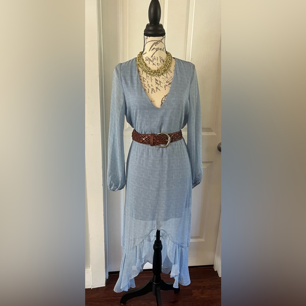NWOT Light Blue Overlay Sheer Dress, by NSR, Hi low, Sheer Long sleeves, Medium